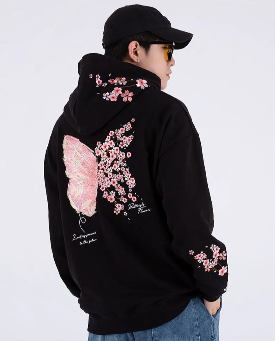 Discount Cherry Blossom Butterfly Embroidered Hoodie Hoodies