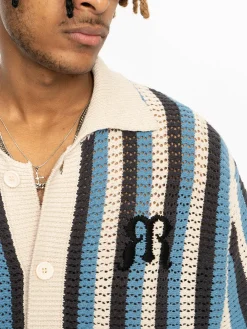 Discount Striped Crochet Collar Shirt Shirts