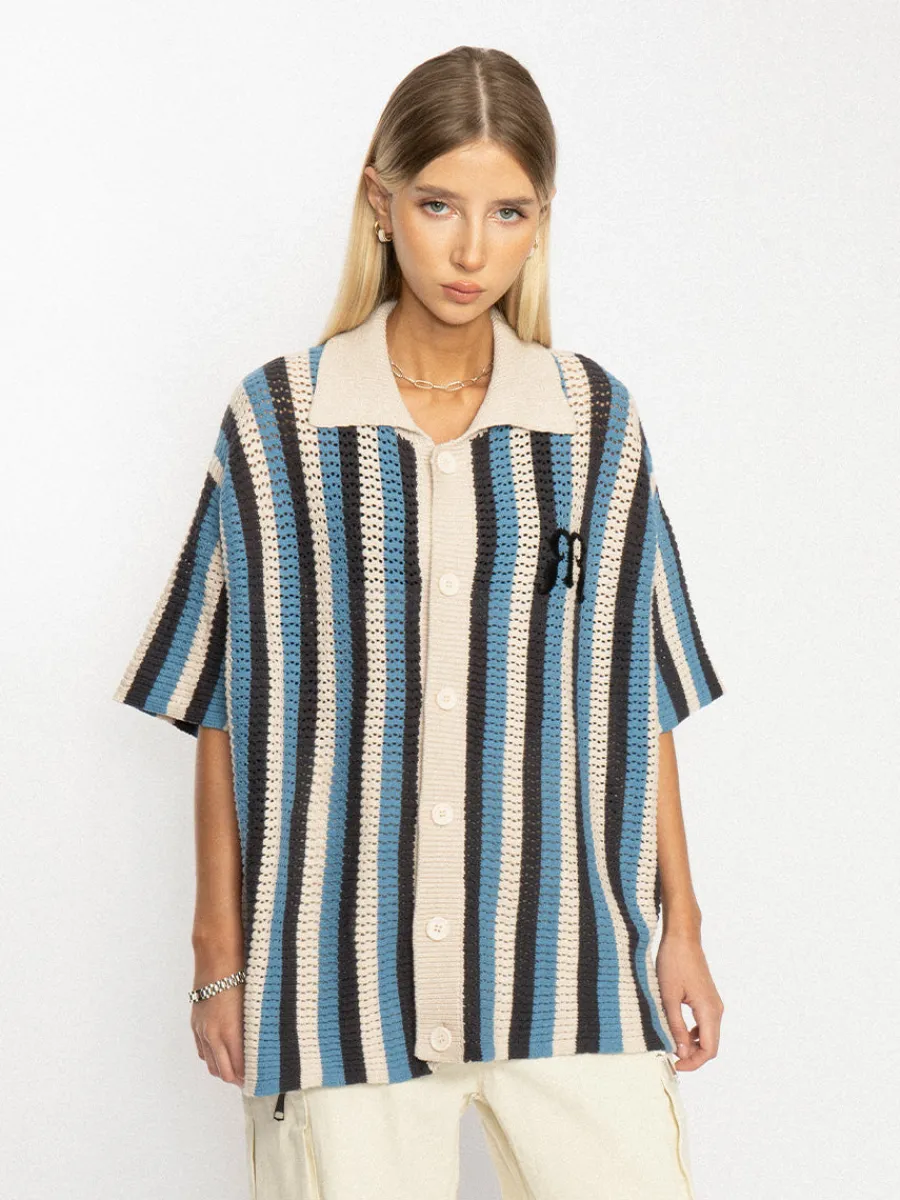 Discount Striped Crochet Collar Shirt Shirts