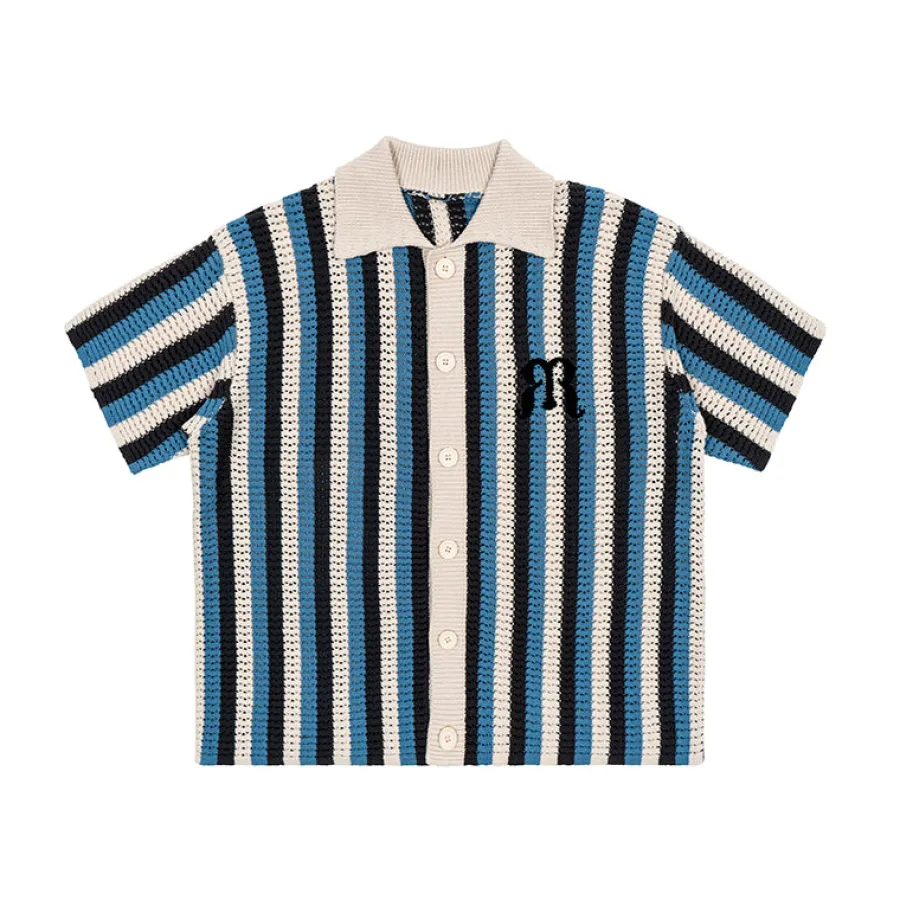 Discount Striped Crochet Collar Shirt Shirts