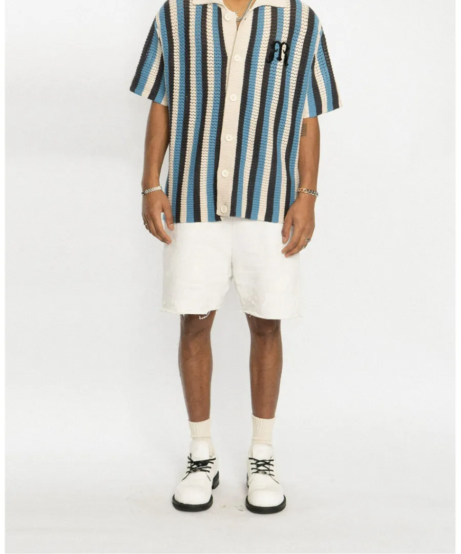 Discount Striped Crochet Collar Shirt Shirts