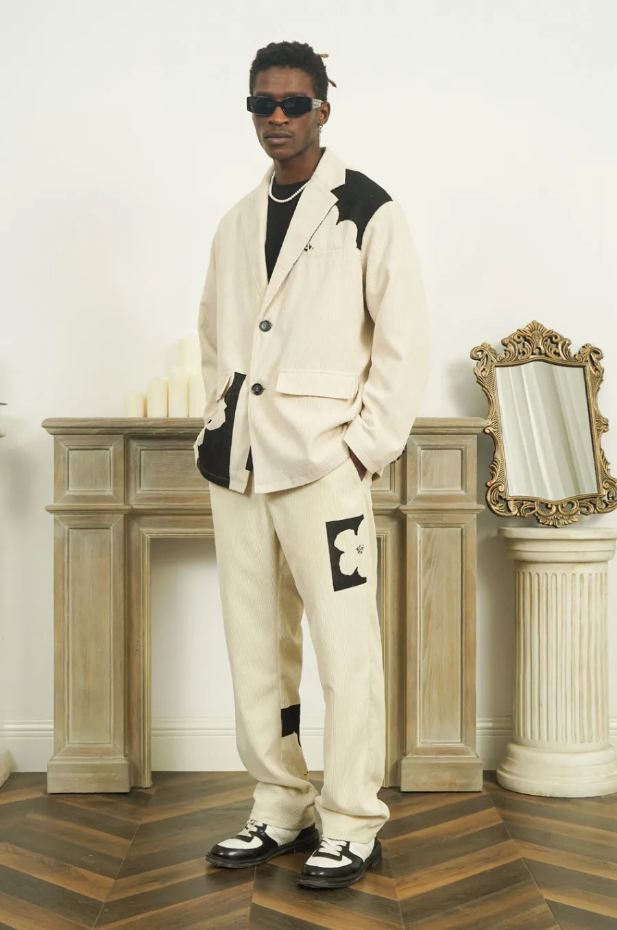 Discount Two-Tone Flower Corduroy Trousers Pants
