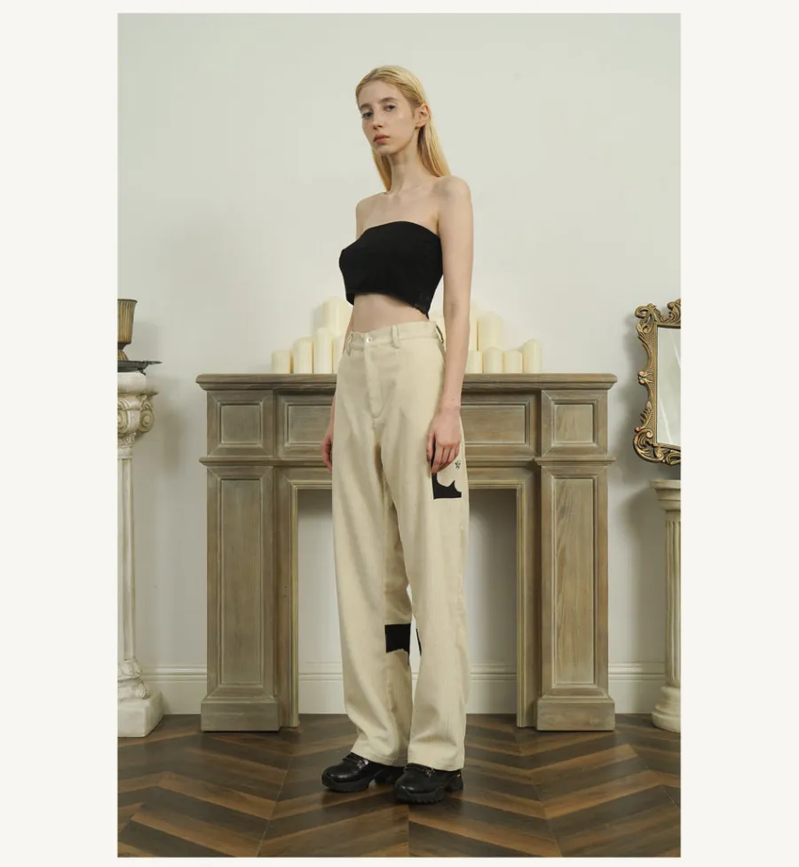 Discount Two-Tone Flower Corduroy Trousers Pants