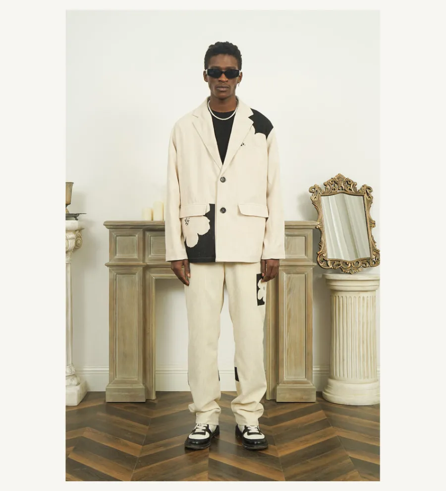 Discount Two-Tone Flower Corduroy Trousers Pants