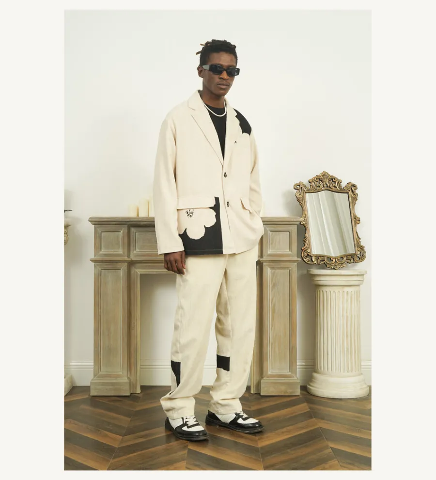 Outlet Two-Tone Flower Corduroy Blazer Jackets