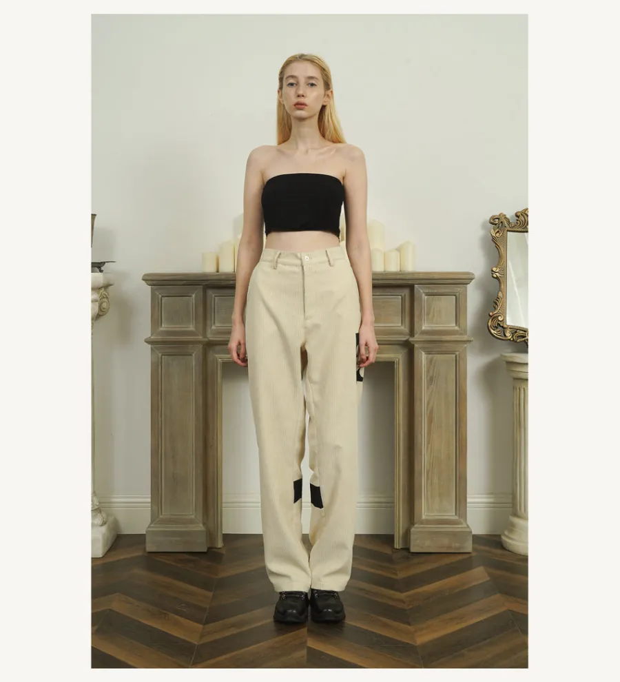 Discount Two-Tone Flower Corduroy Trousers Pants