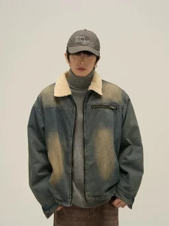 Discount Faux Fur-Lined Faded Denim Jacket Jackets