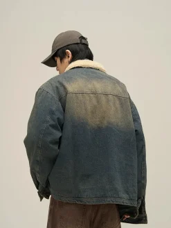 Discount Faux Fur-Lined Faded Denim Jacket Jackets