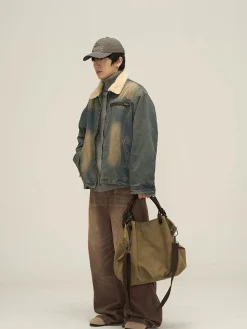Discount Faux Fur-Lined Faded Denim Jacket Jackets