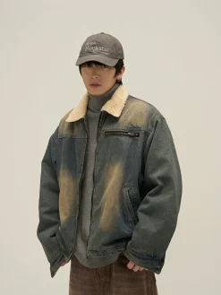 Discount Faux Fur-Lined Faded Denim Jacket Jackets