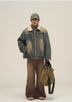 Discount Faux Fur-Lined Faded Denim Jacket Jackets