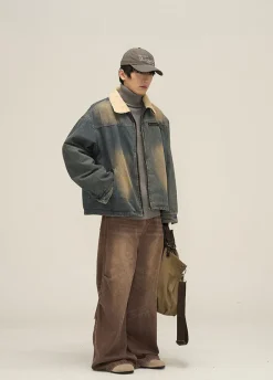 Discount Faux Fur-Lined Faded Denim Jacket Jackets