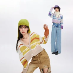 Online Retro-Colored Contrast Striped Cardigan Sweaters