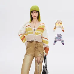 Online Retro-Colored Contrast Striped Cardigan Sweaters