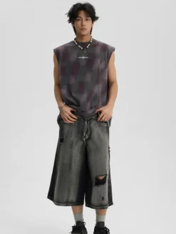 Outlet Ripped Grunge Capri Cut Denim Shorts Shorts