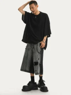 Outlet Ripped Grunge Capri Cut Denim Shorts Shorts