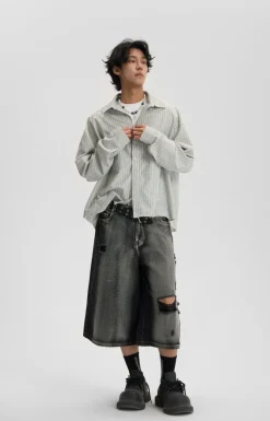 Outlet Ripped Grunge Capri Cut Denim Shorts Shorts