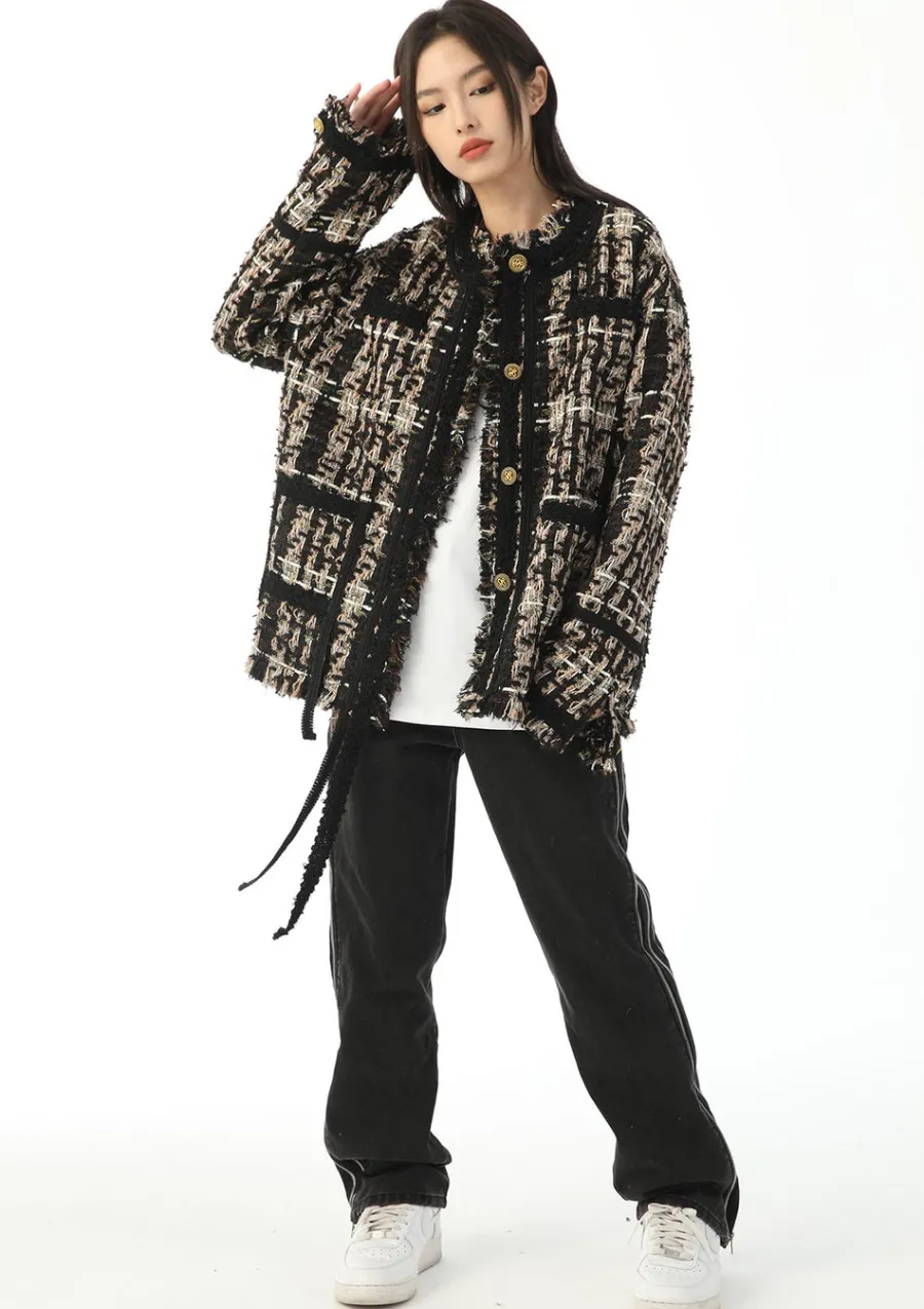 Outlet Retro Tweed Plaid Jacket Jackets