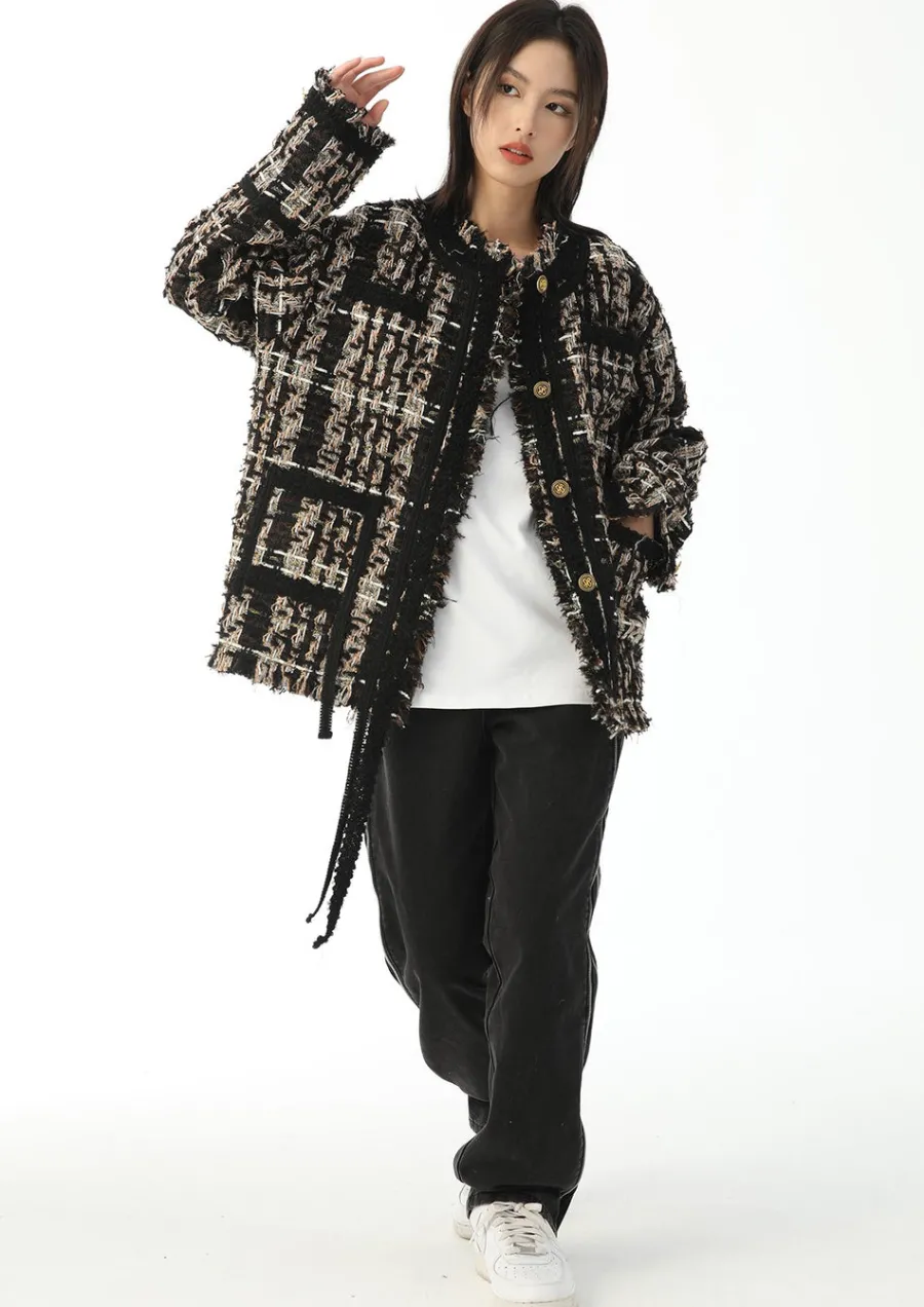 Outlet Retro Tweed Plaid Jacket Jackets