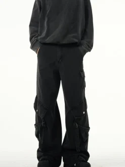Fashion MADWITCH Kuro Denim Strap Cargo Pants Pants