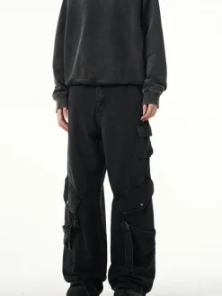Fashion MADWITCH Kuro Denim Strap Cargo Pants Pants