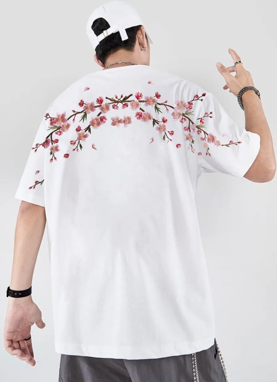 Fashion Sakura Flowers Embroidered Tee T-Shirts